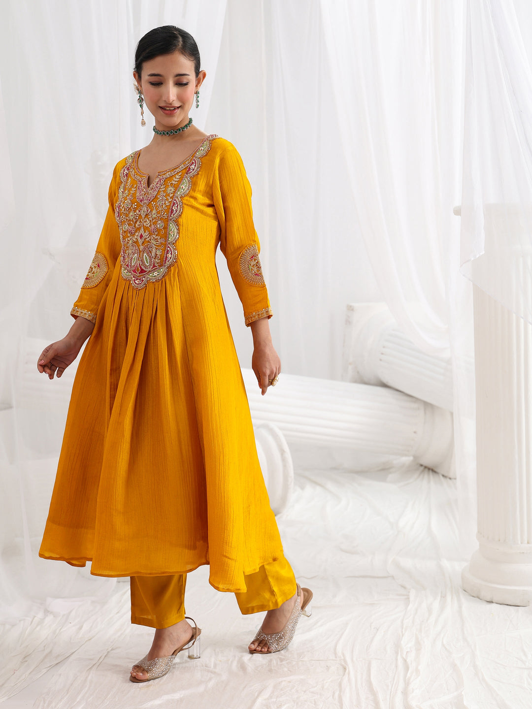 Libas Art Mustard Embroidered Silk Blend A-Line Suit Set With Dupatta