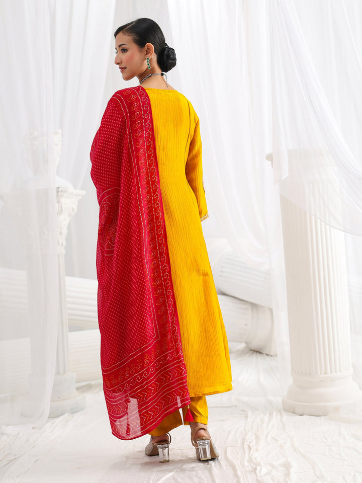 Libas Art Mustard Embroidered Silk Blend A-Line Suit Set With Dupatta