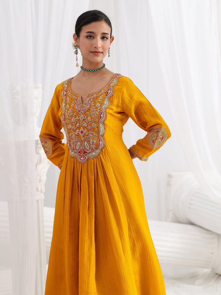 Libas Art Mustard Embroidered Silk Blend A-Line Suit Set With Dupatta