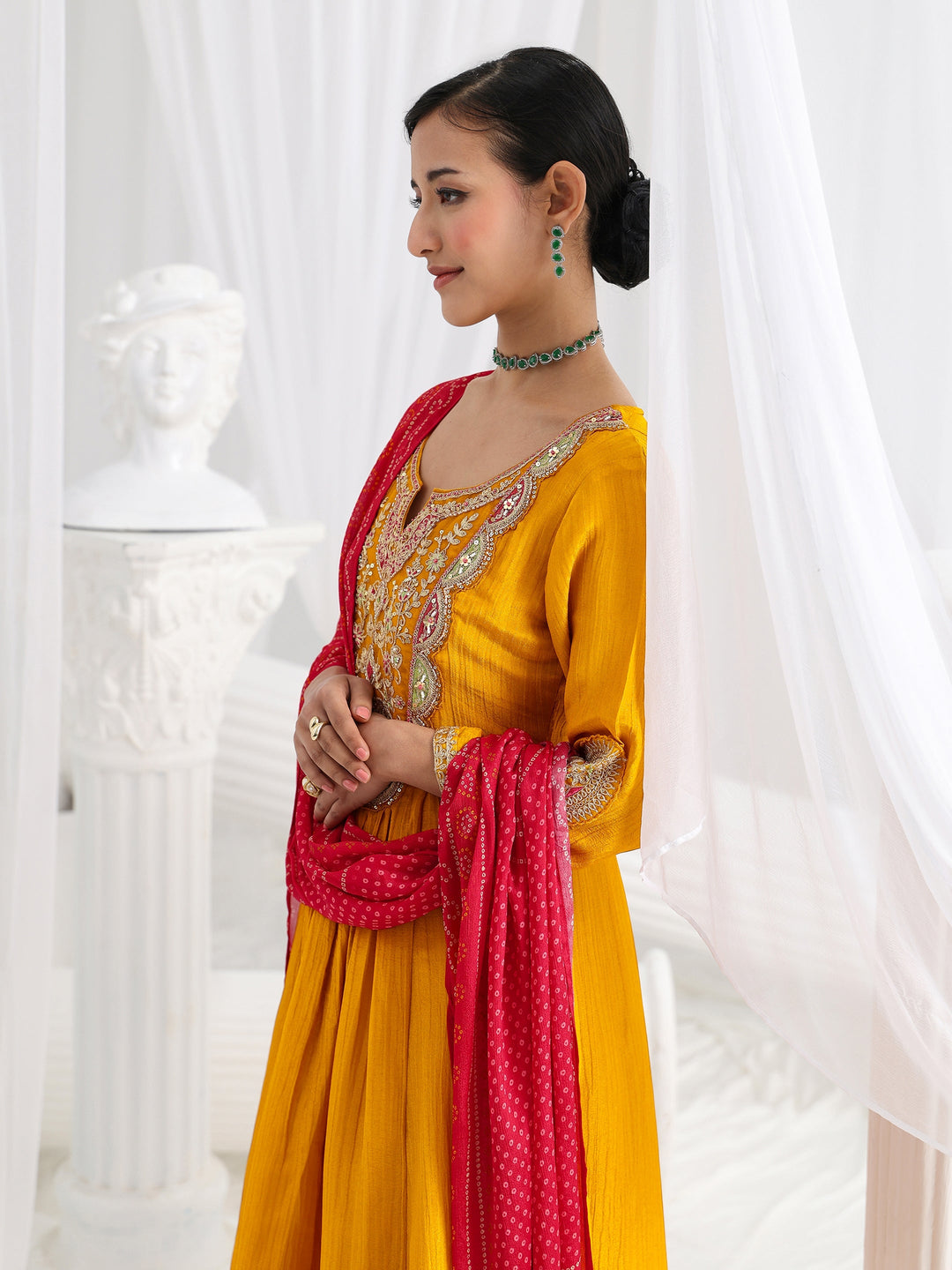 Libas Art Mustard Embroidered Silk Blend A-Line Suit Set With Dupatta
