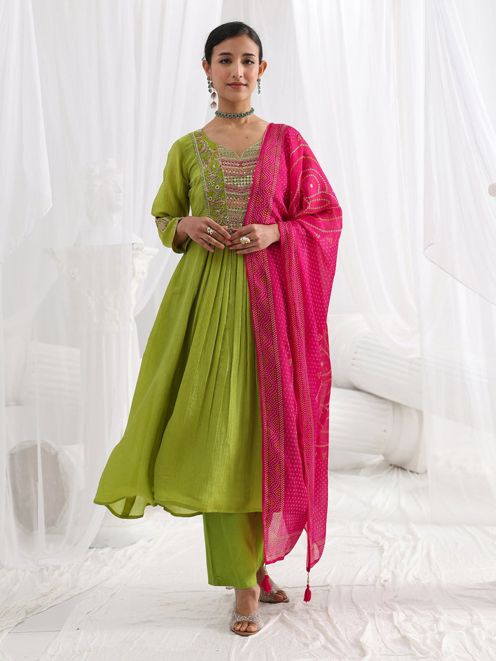 Libas Art Green Embroidered Silk Blend A-Line Suit Set With Dupatta
