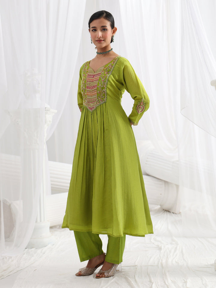 Libas Art Green Embroidered Silk Blend A-Line Suit Set With Dupatta