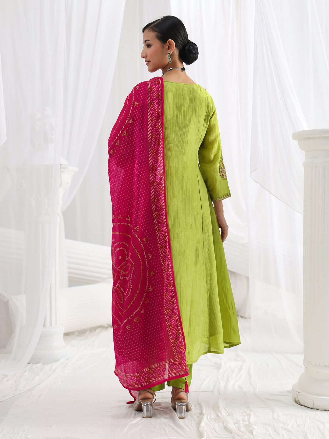 Libas Art Green Embroidered Silk Blend A-Line Suit Set With Dupatta