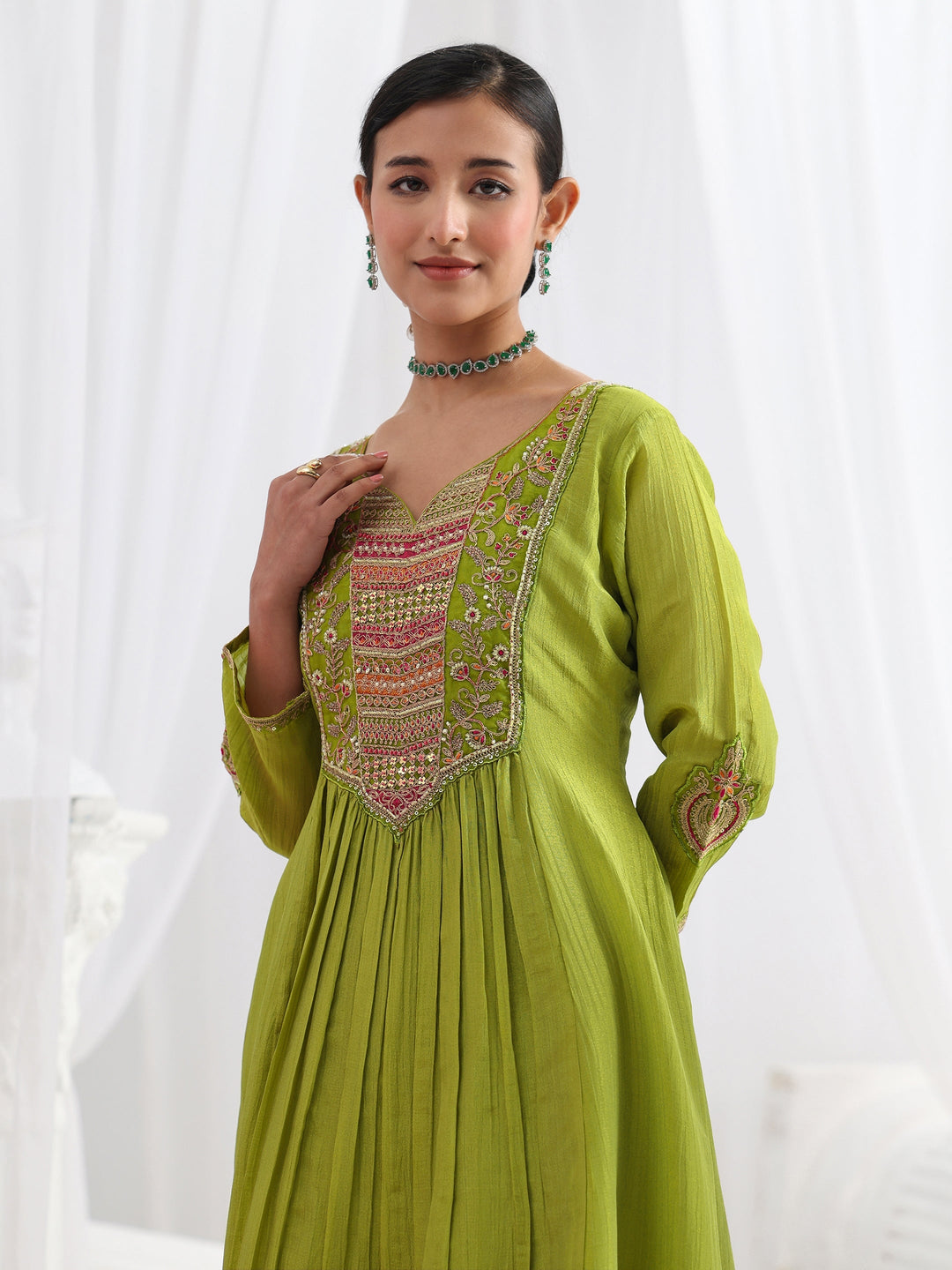 Libas Art Green Embroidered Silk Blend A-Line Suit Set With Dupatta