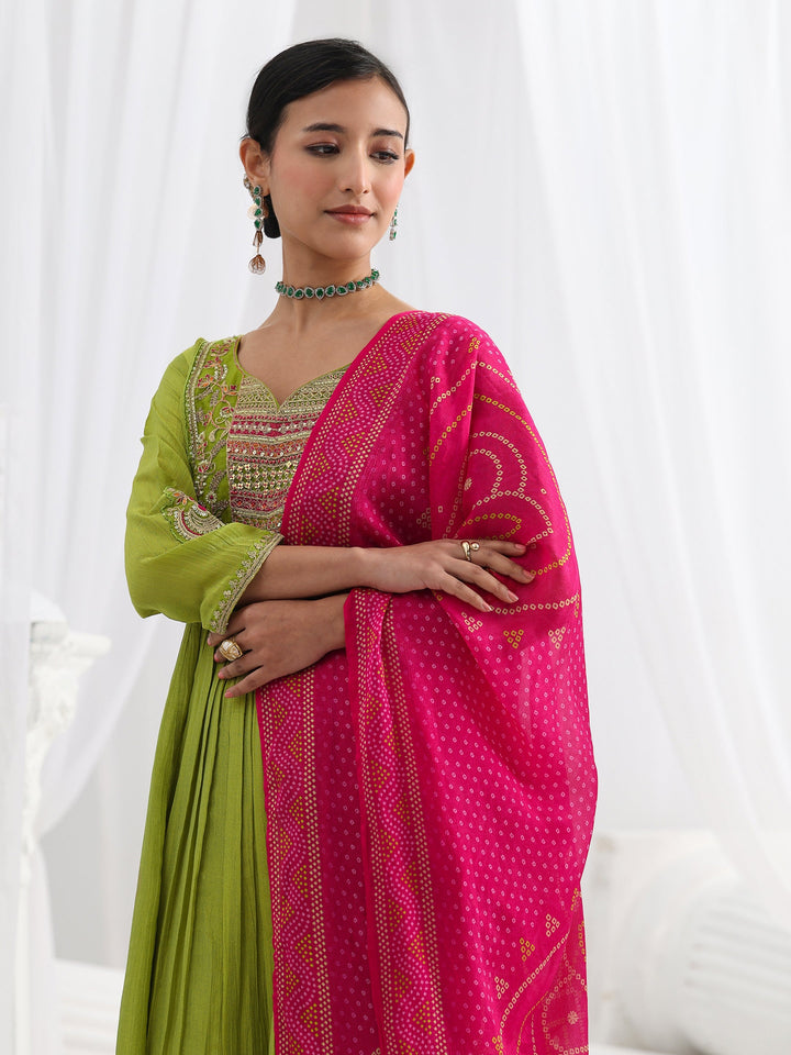 Libas Art Green Embroidered Silk Blend A-Line Suit Set With Dupatta