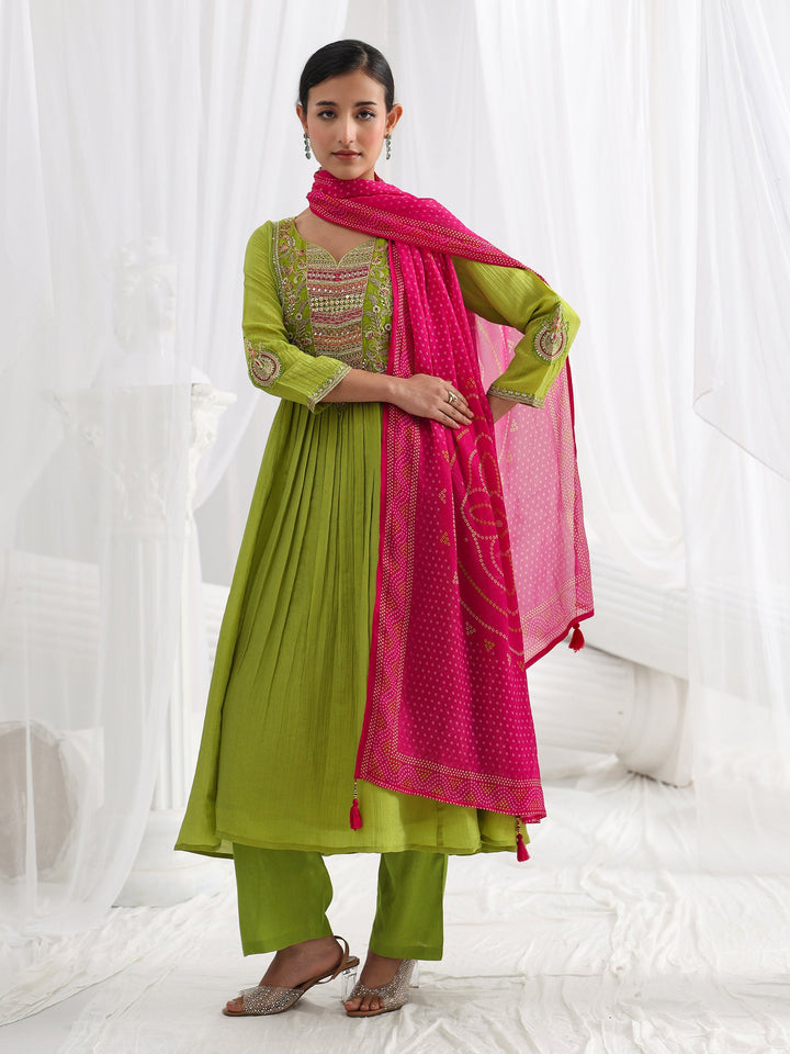 Libas Art Green Embroidered Silk Blend A-Line Suit Set With Dupatta
