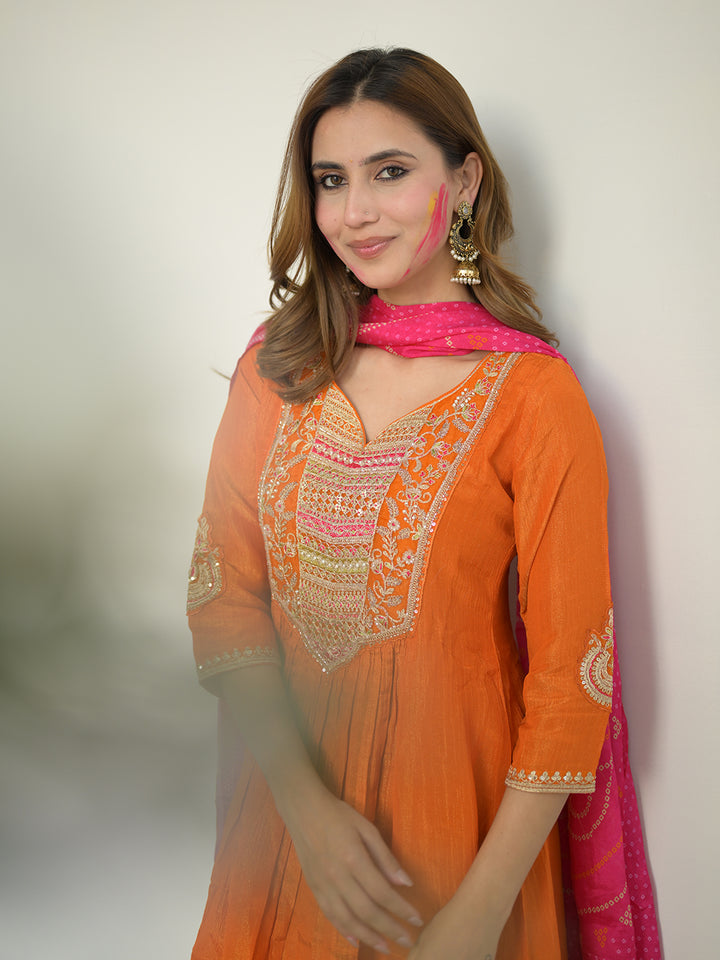 Libas Art Orange Embroidered Silk Blend Anarkali Suit Set With Dupatta