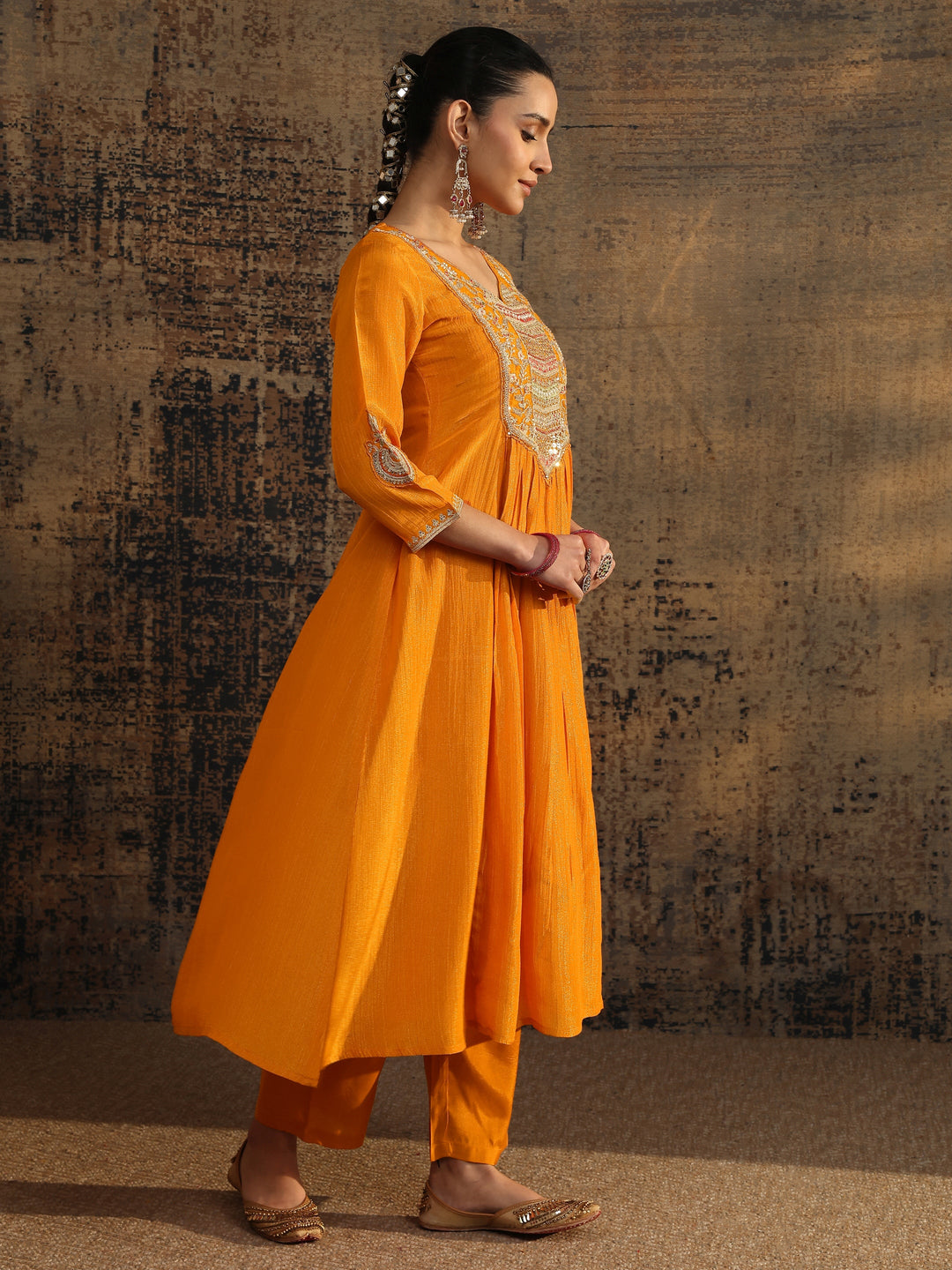 Libas Art Orange Embroidered Silk Blend Anarkali Suit Set With Dupatta