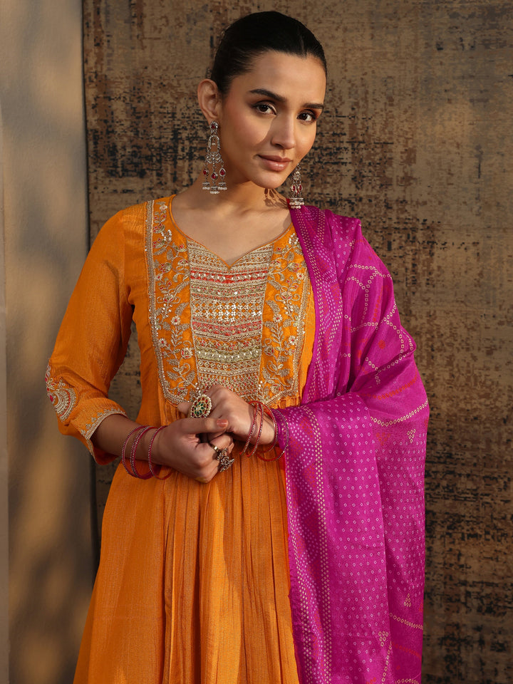 Libas Art Orange Embroidered Silk Blend Anarkali Suit Set With Dupatta