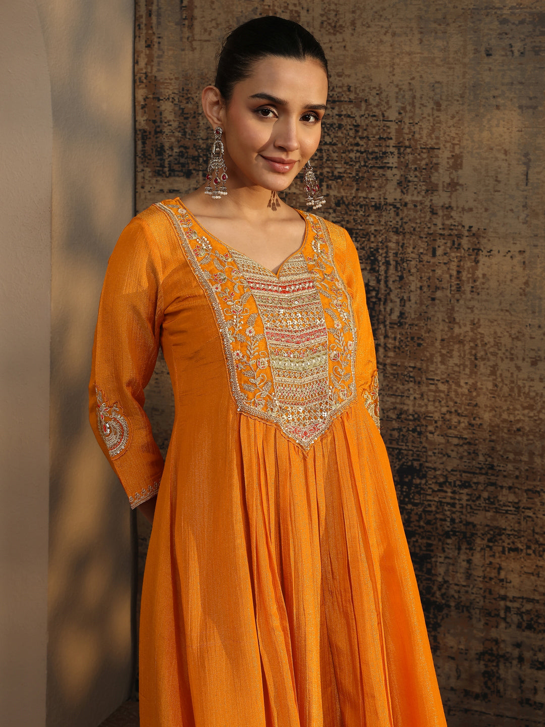 Libas Art Orange Embroidered Silk Blend Anarkali Suit Set With Dupatta