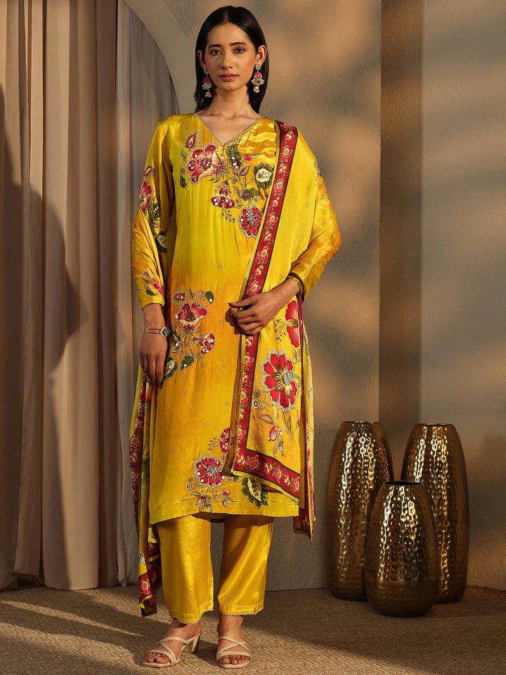 Yellow Printed Crepe Straight Suit Set With Dupatta
