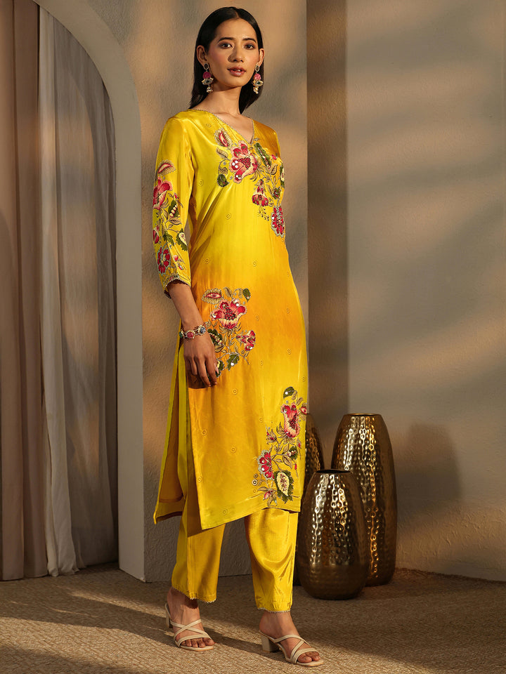 Yellow Printed Crepe Straight Suit Set With Dupatta