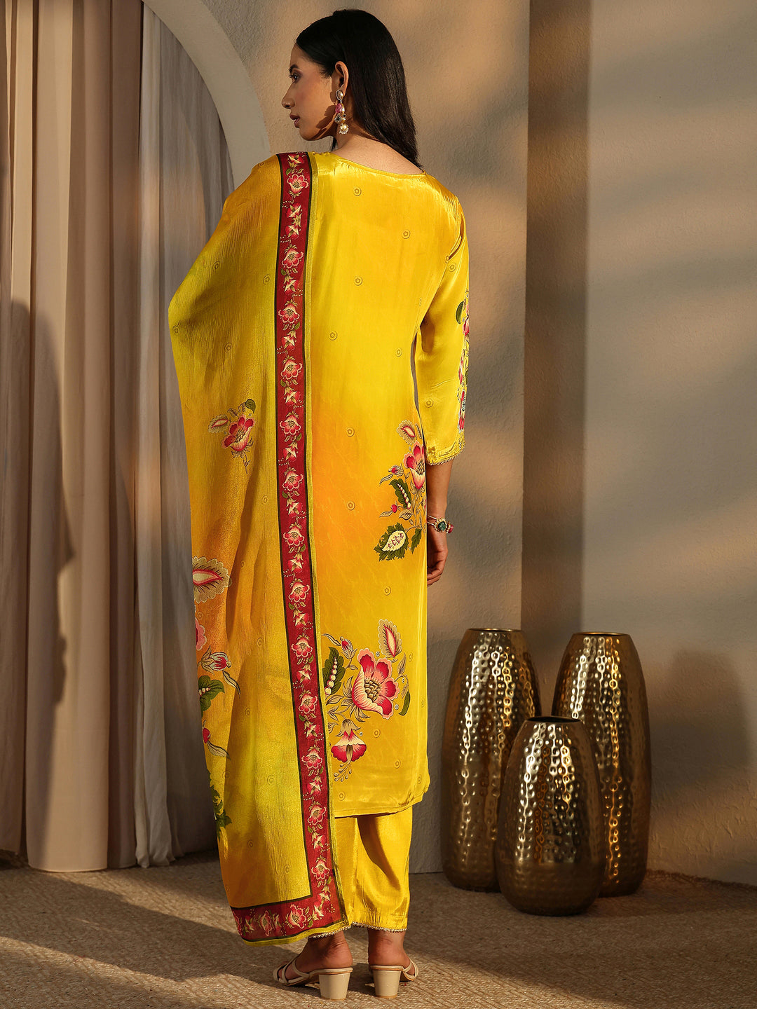 Yellow Printed Crepe Straight Suit Set With Dupatta