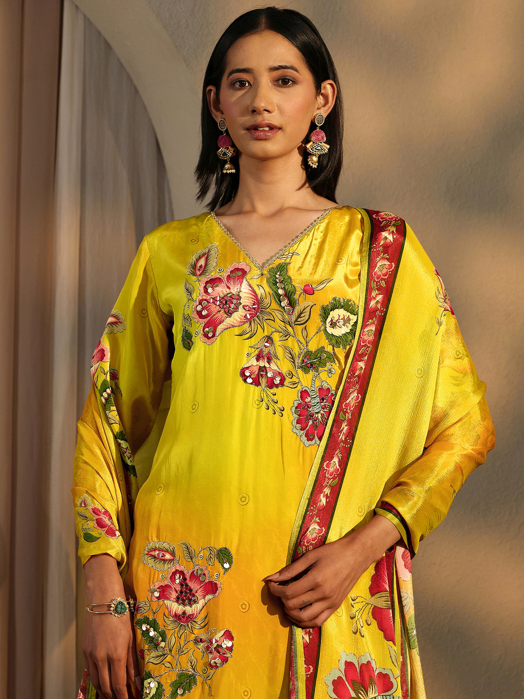Yellow Printed Crepe Straight Suit Set With Dupatta