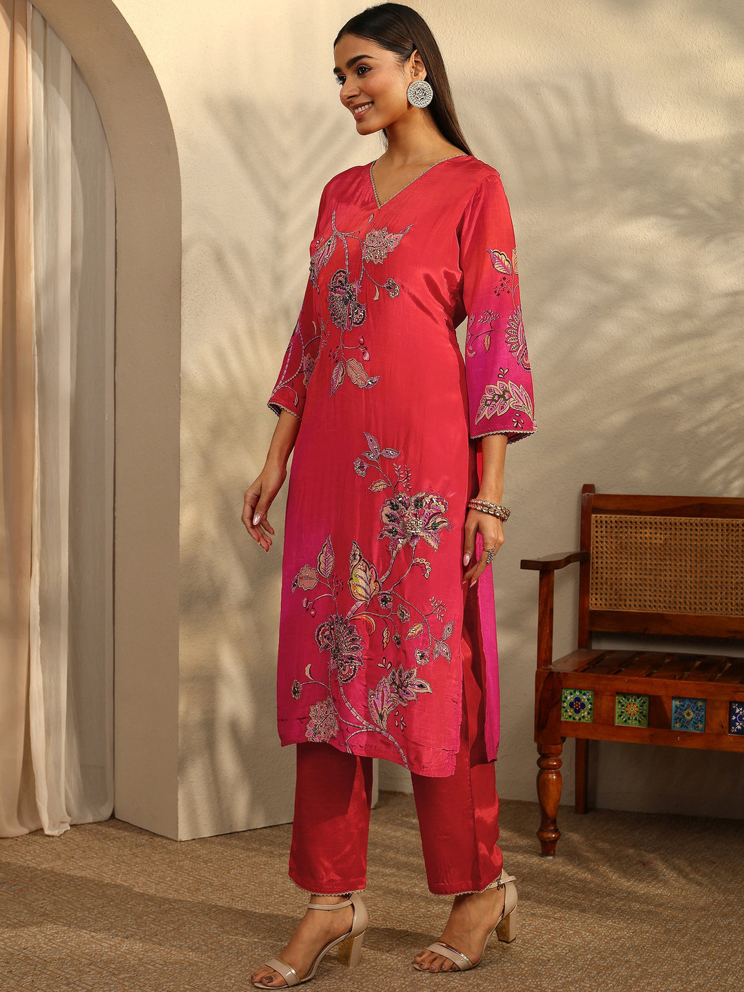 Red Printed Crepe Straight Suit Set With Dupatta