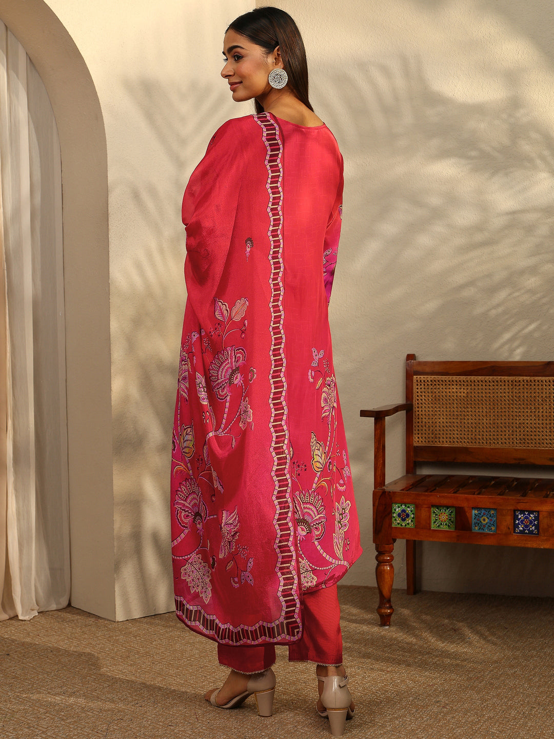 Red Printed Crepe Straight Suit Set With Dupatta