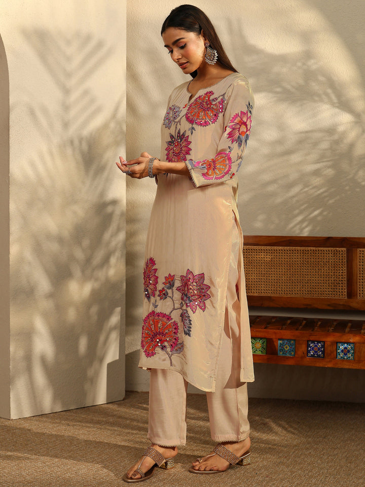 Cream Printed Crepe Straight Suit Set With Dupatta