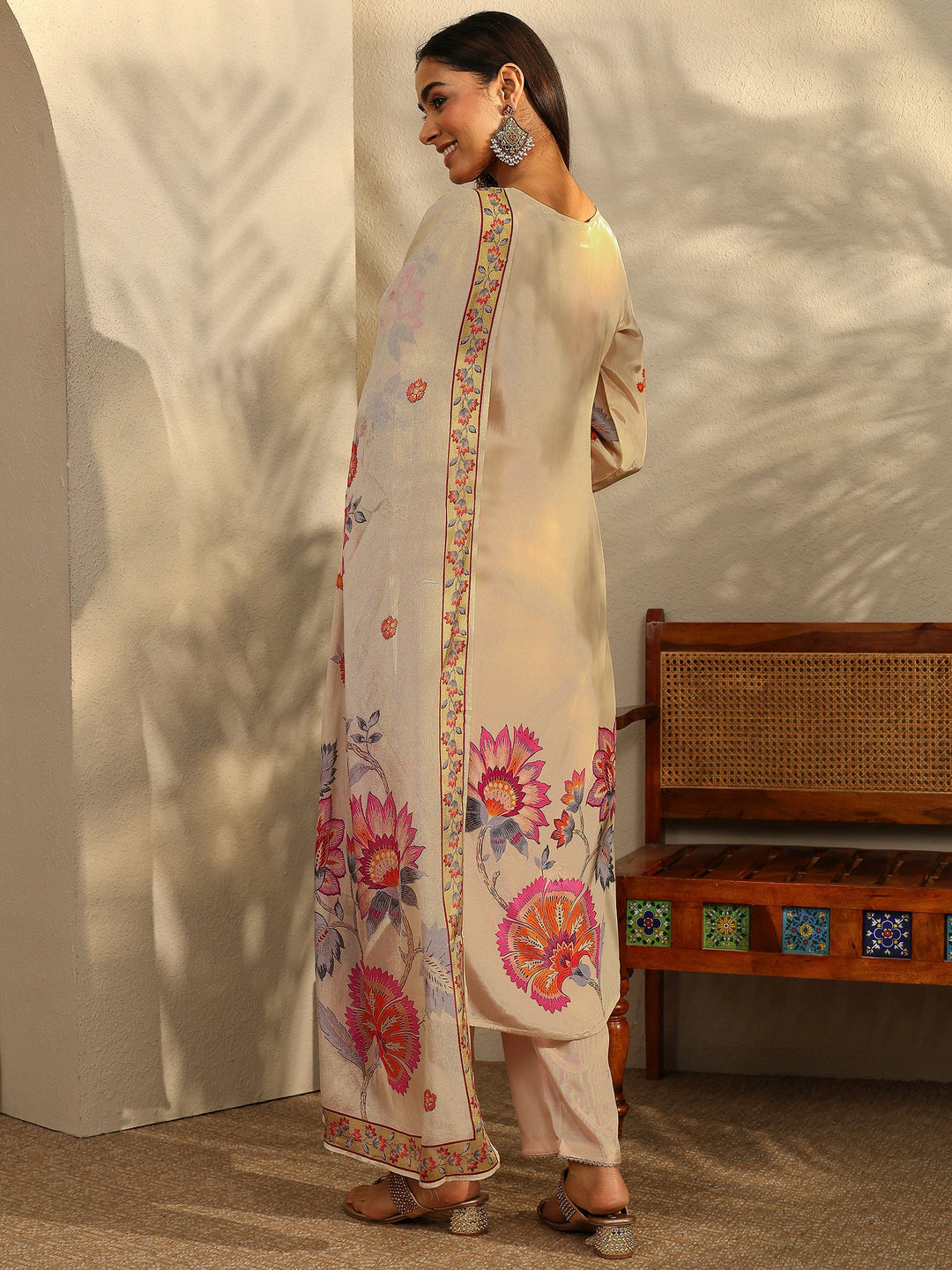 Cream Printed Crepe Straight Suit Set With Dupatta