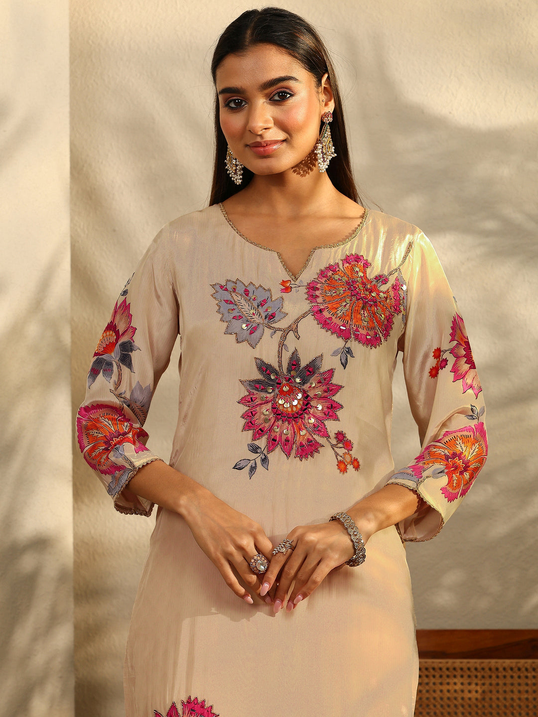 Cream Printed Crepe Straight Suit Set With Dupatta