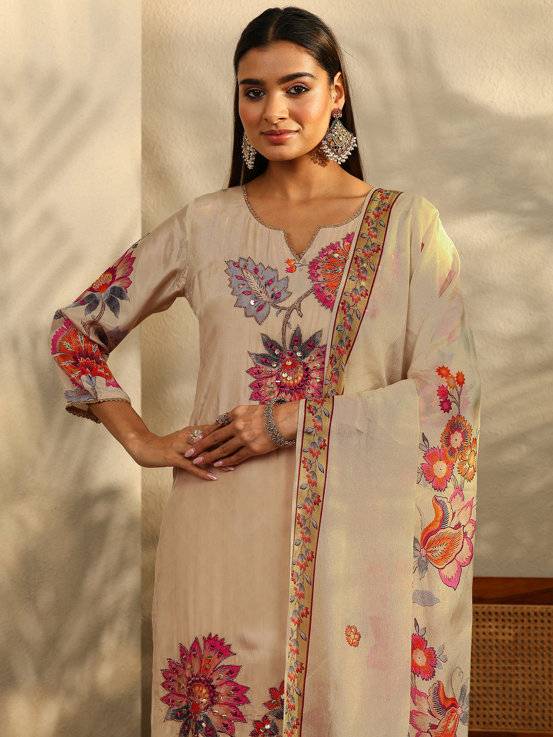 Cream Printed Crepe Straight Suit Set With Dupatta