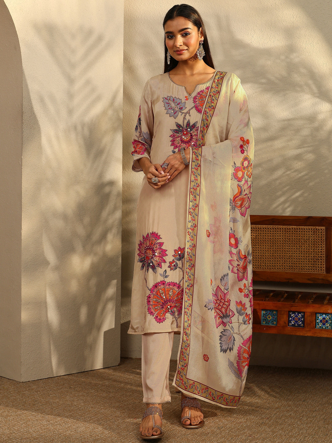 Cream Printed Crepe Straight Suit Set With Dupatta