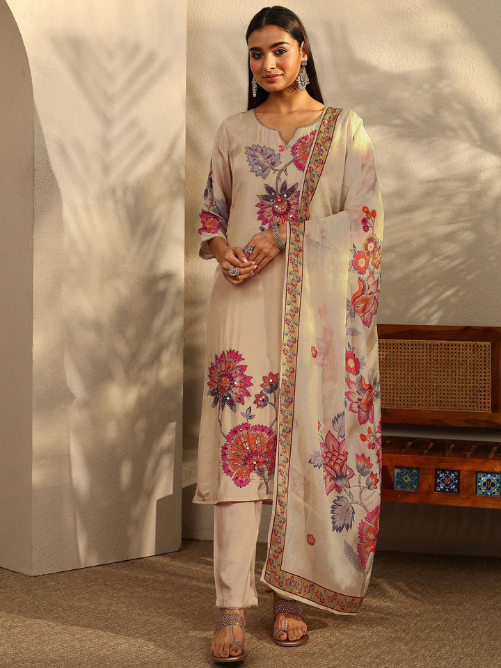 Cream Printed Crepe Straight Suit Set With Dupatta