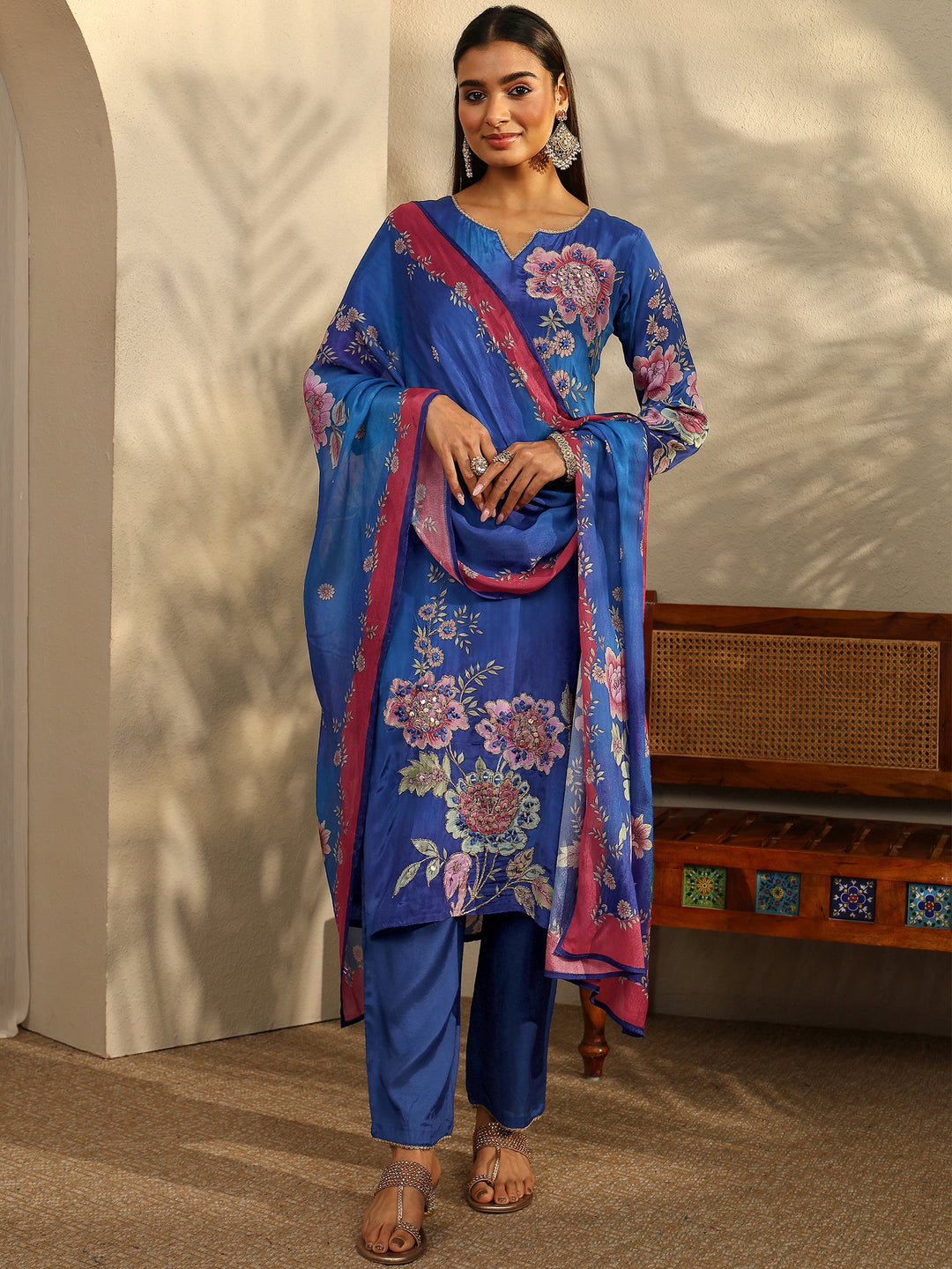 Blue Printed Crepe Straight Suit Set With Dupatta