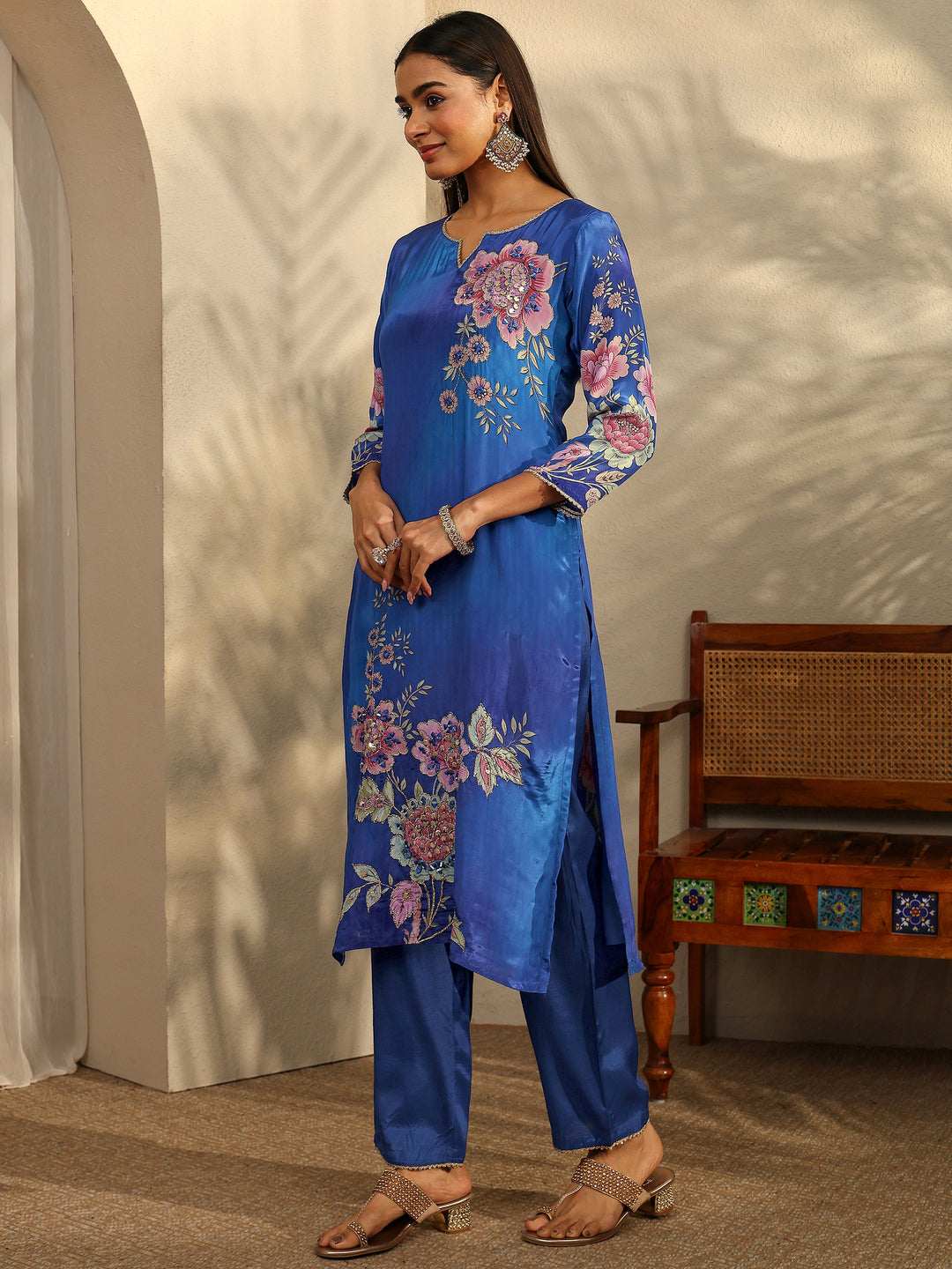 Blue Printed Crepe Straight Suit Set With Dupatta