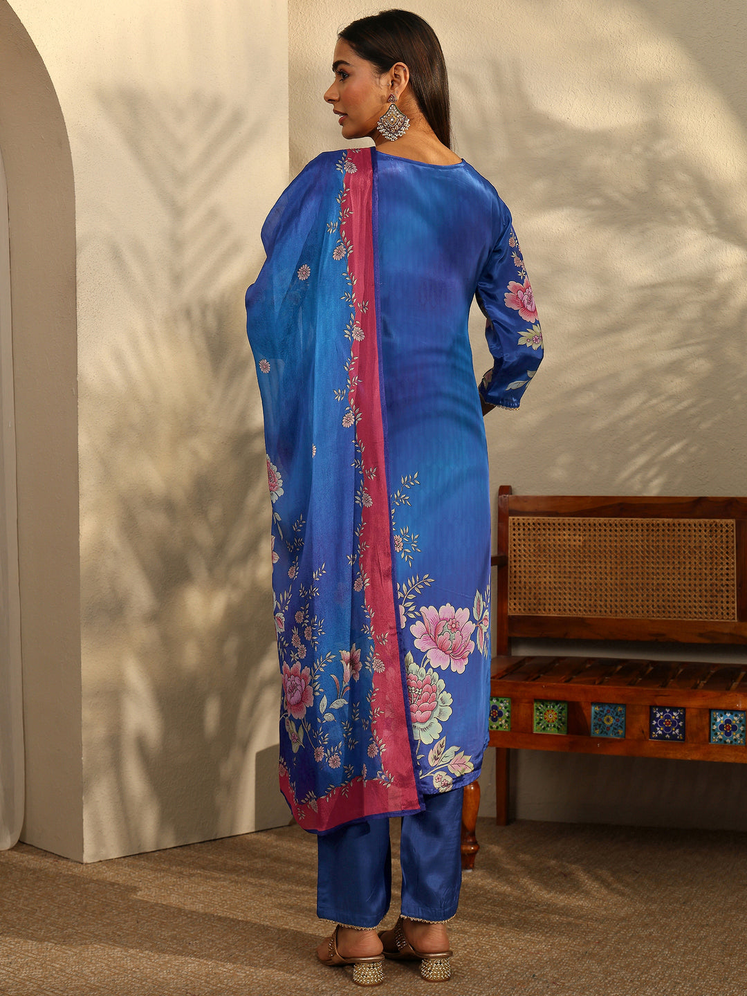 Blue Printed Crepe Straight Suit Set With Dupatta