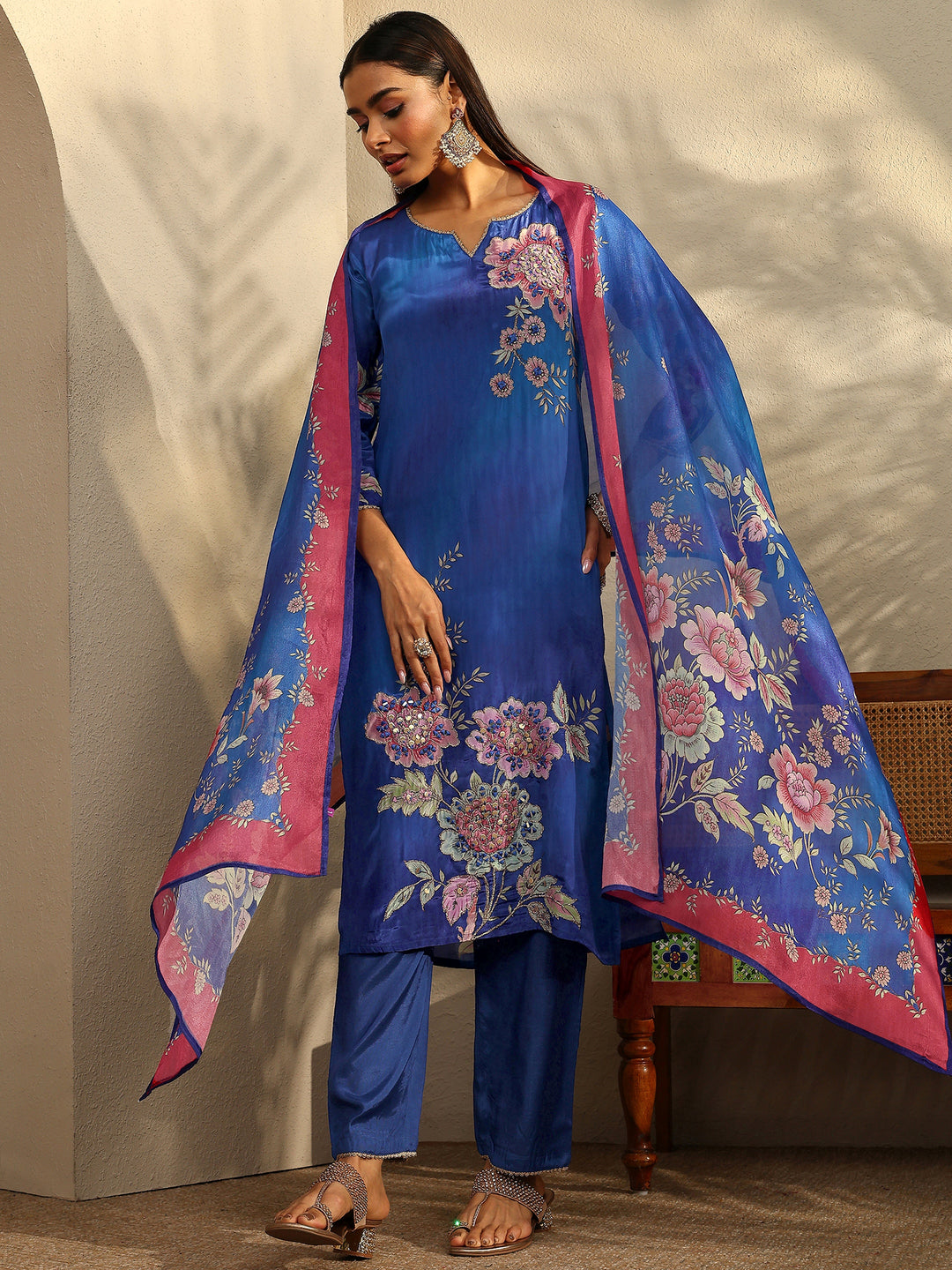 Blue Printed Crepe Straight Suit Set With Dupatta