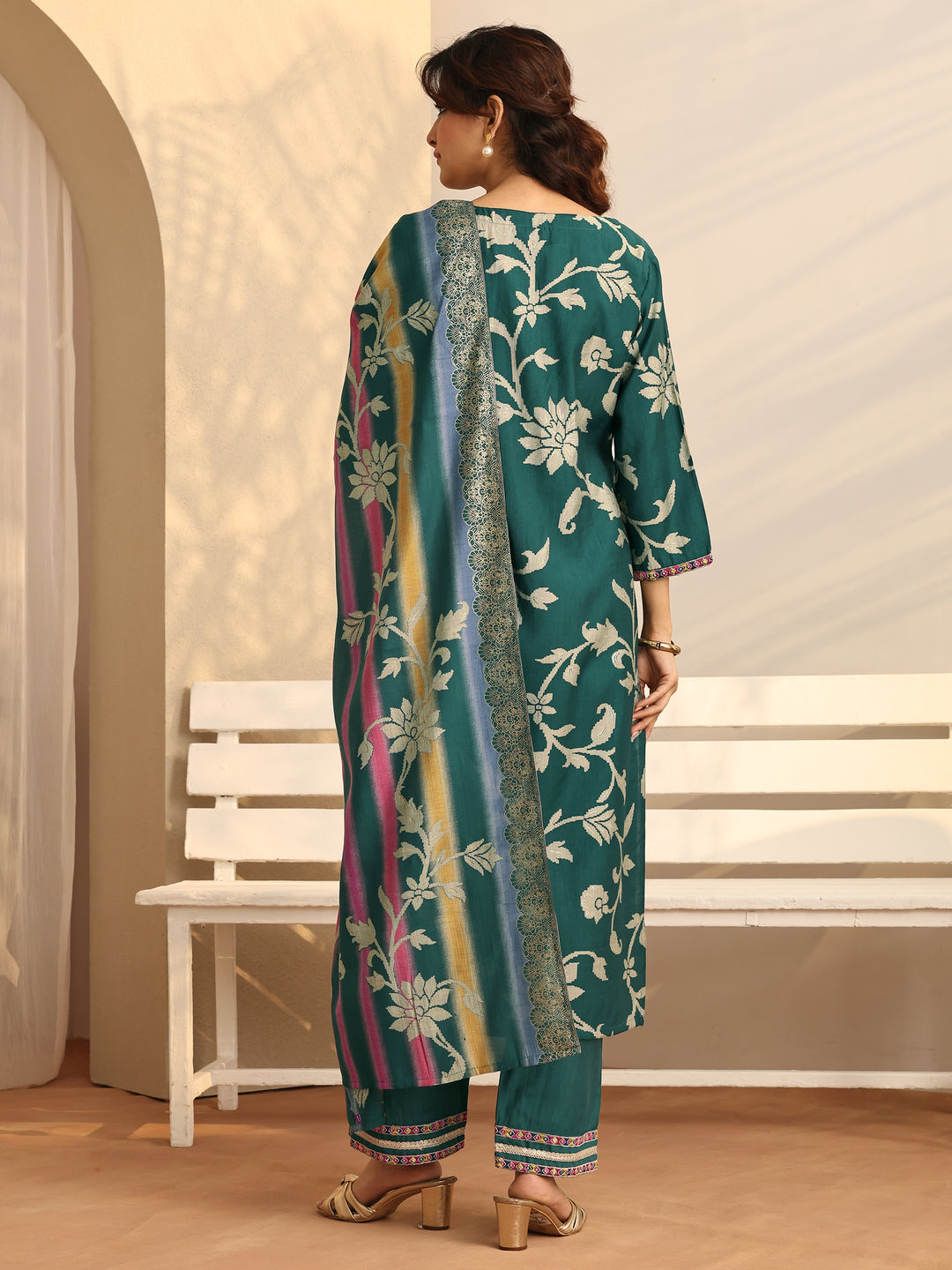 Teal Printed Silk Blend Straight Suit Set With Dupatta