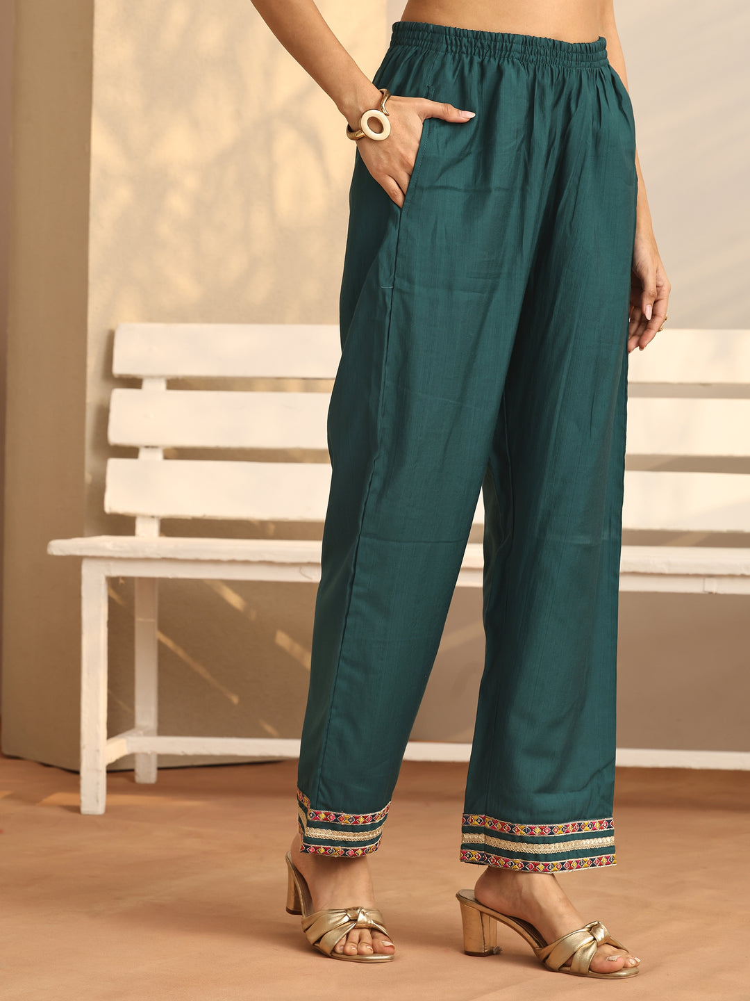 Teal Printed Silk Blend Straight Suit Set With Dupatta
