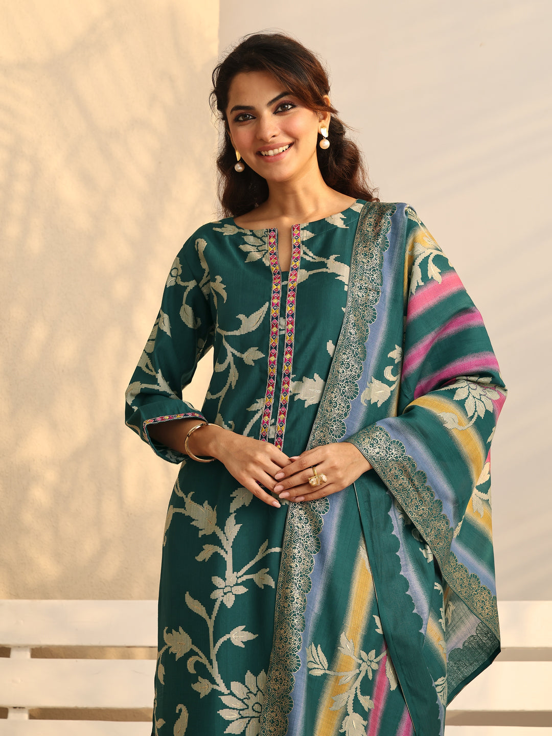 Teal Printed Silk Blend Straight Suit Set With Dupatta