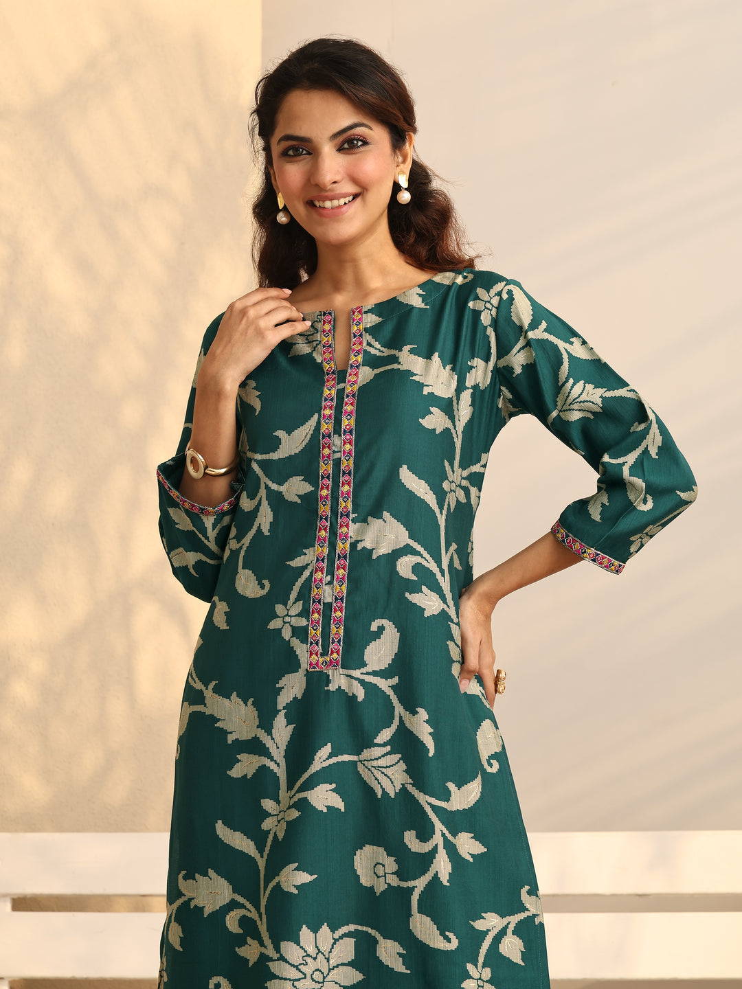 Teal Printed Silk Blend Straight Suit Set With Dupatta