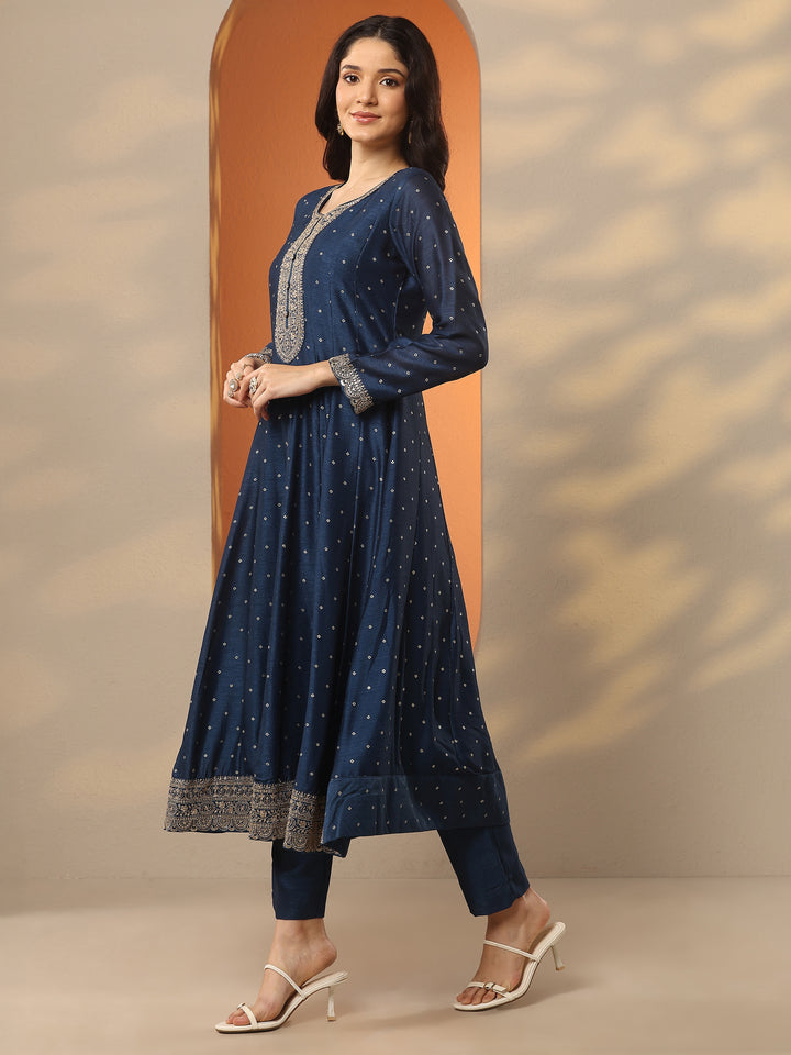 Teal Embroidered Silk Blend Anarkali Suit Set With Dupatta