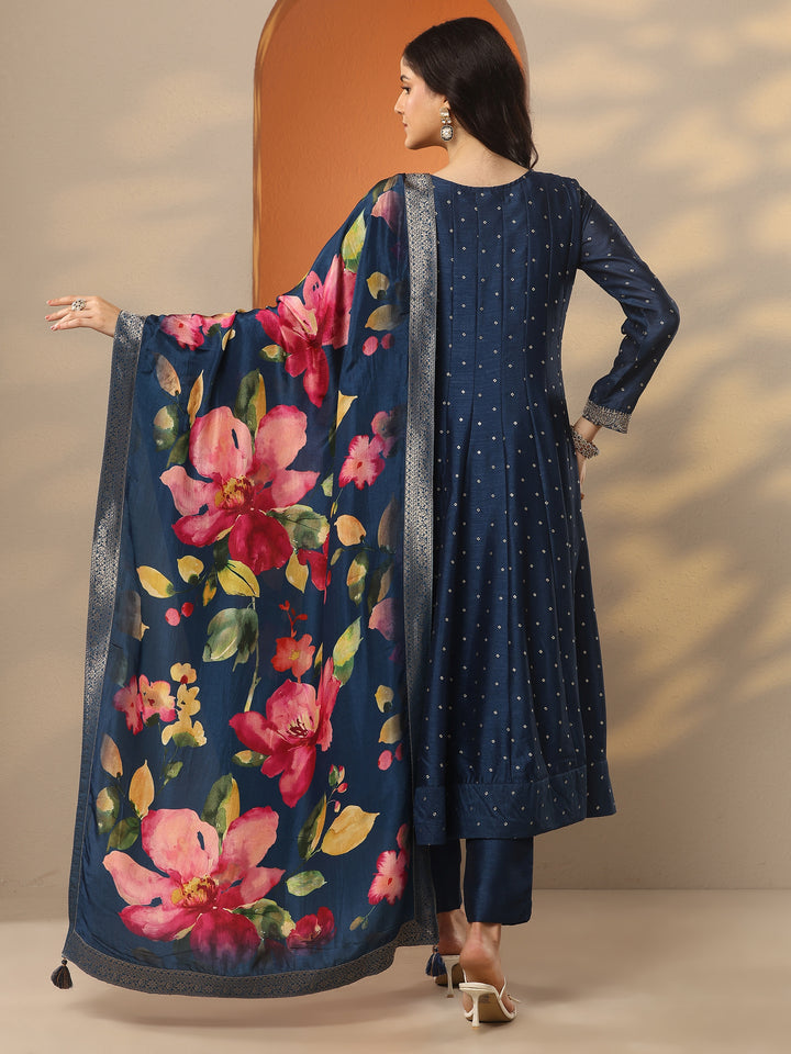 Teal Embroidered Silk Blend Anarkali Suit Set With Dupatta