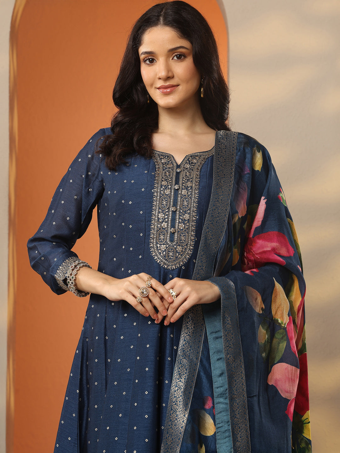 Teal Embroidered Silk Blend Anarkali Suit Set With Dupatta