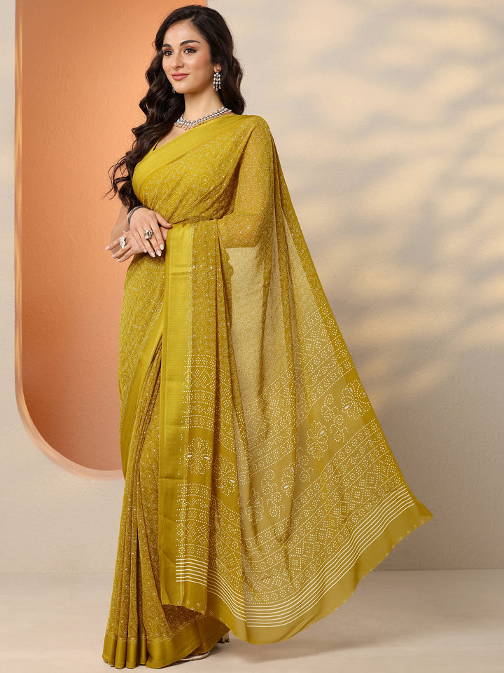 Green Bandhani Printed Georgette Saree With Unstitched Blouse Piece