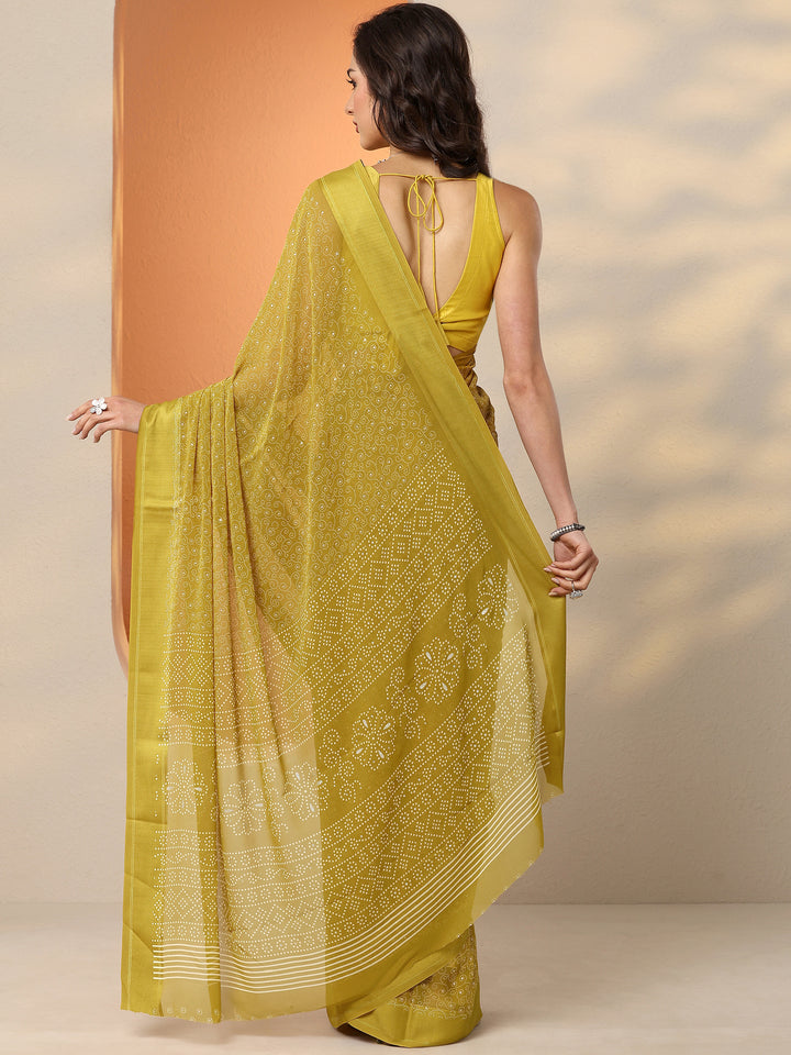 Green Bandhani Printed Georgette Saree With Unstitched Blouse Piece