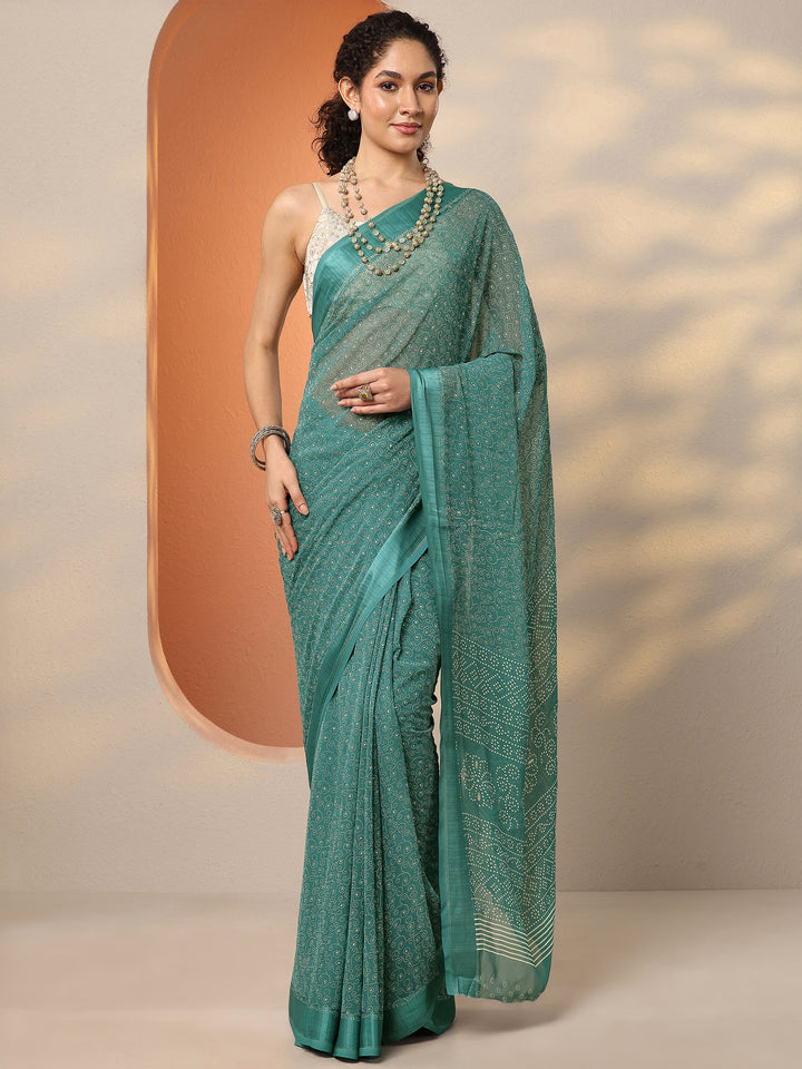 Blue Bandhani Printed Georgette Saree With Unstitched Blouse Piece