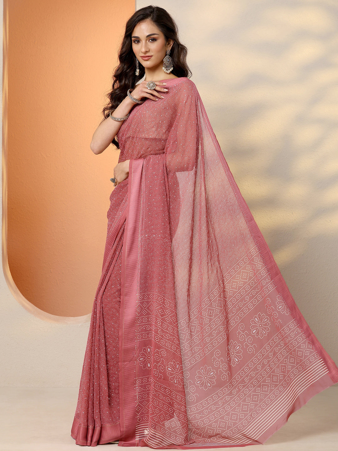 Brown Bandhani Printed Georgette Saree With Unstitched Blouse Piece