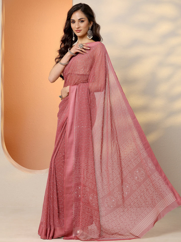 Brown Bandhani Printed Georgette Saree With Unstitched Blouse Piece