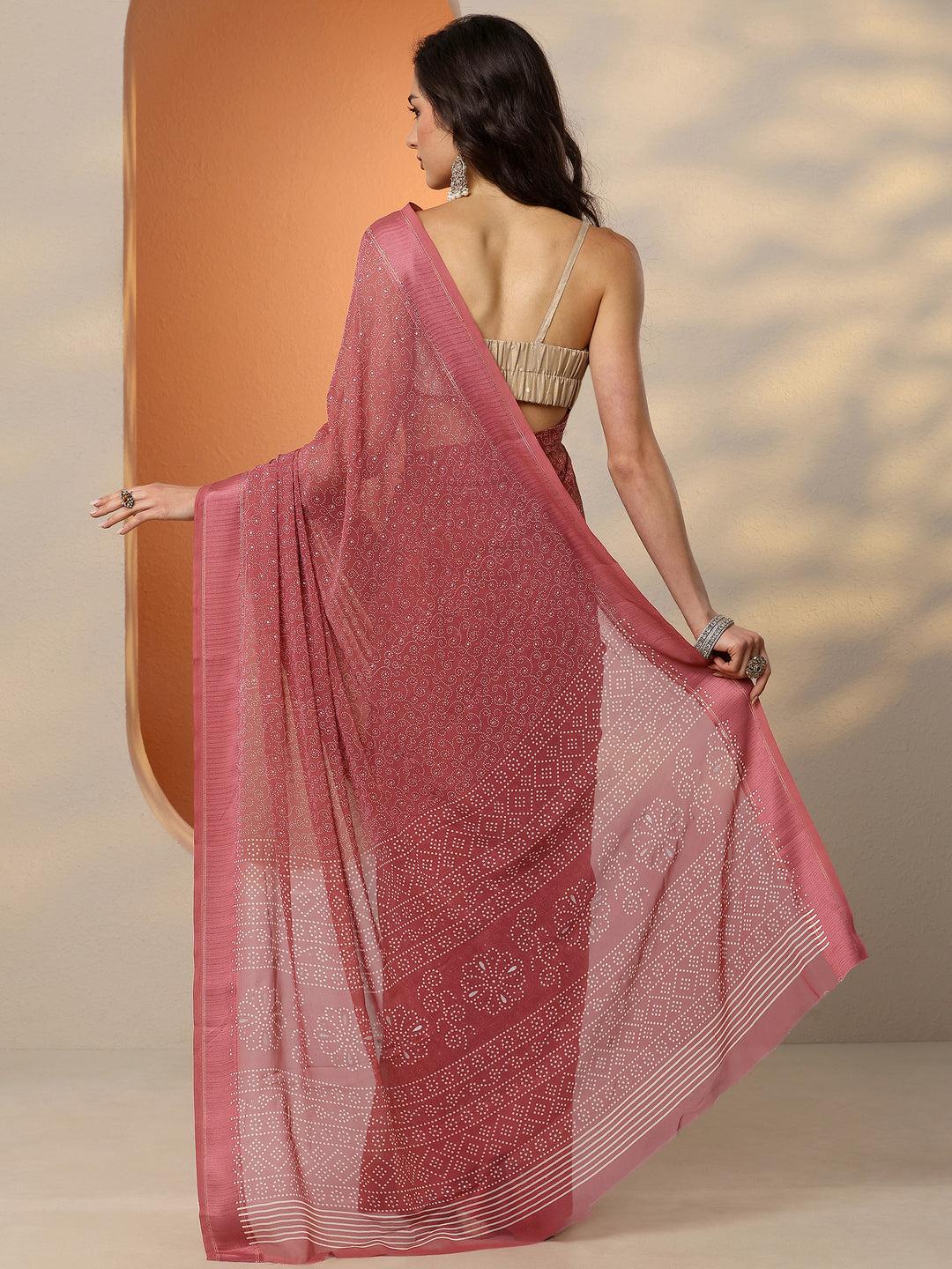 Brown Bandhani Printed Georgette Saree With Unstitched Blouse Piece