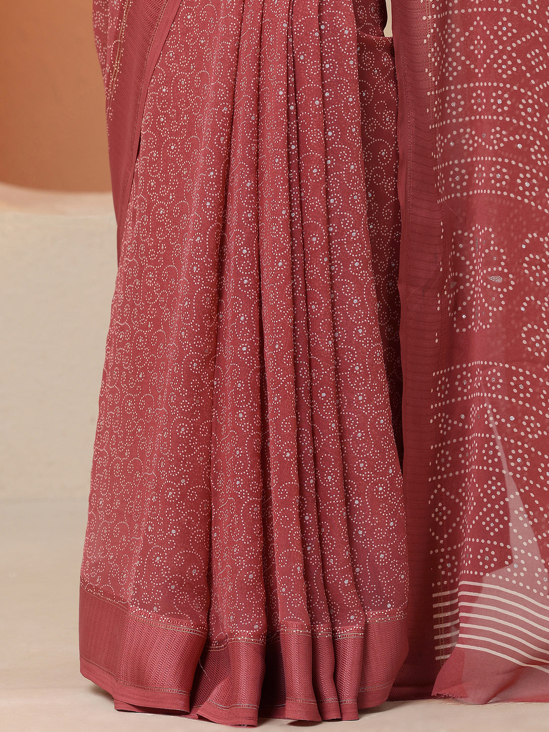 Brown Bandhani Printed Georgette Saree With Unstitched Blouse Piece