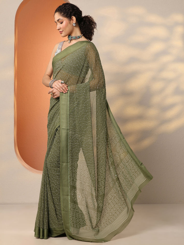 Green Bandhani Printed Georgette Saree With Unstitched Blouse Piece