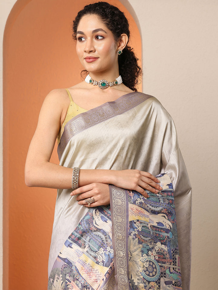 Lavender Tribal Printed Silk Blend Saree With Unstitched Blouse Piece