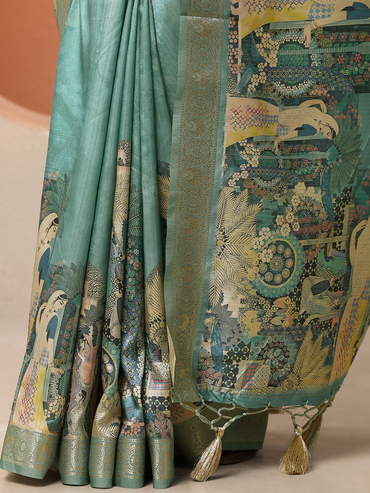 Green Tribal Printed Silk Blend Saree With Unstitched Blouse Piece