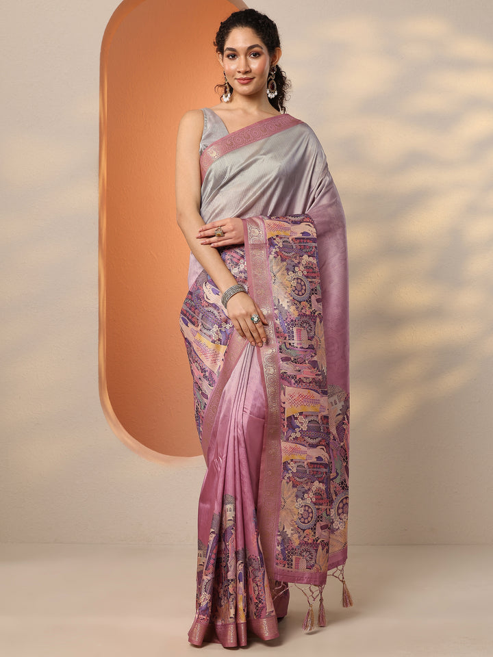 Pink Tribal Printed Silk Blend Saree With Unstitched Blouse Piece