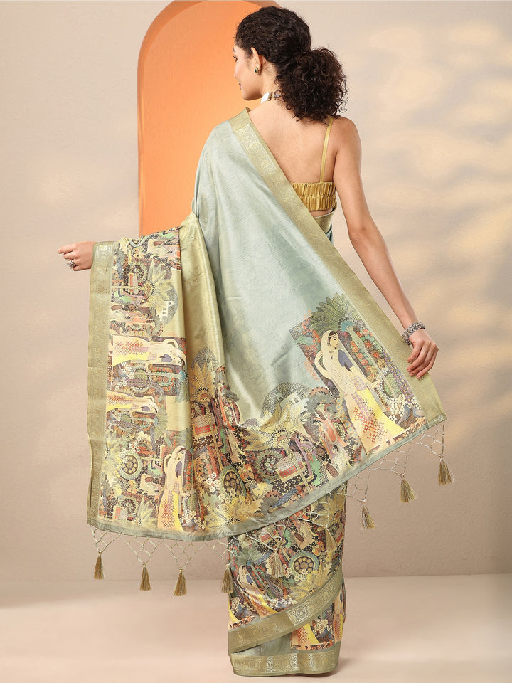 Sea Green Tribal Printed Silk Blend Saree With Unstitched Blouse Piece