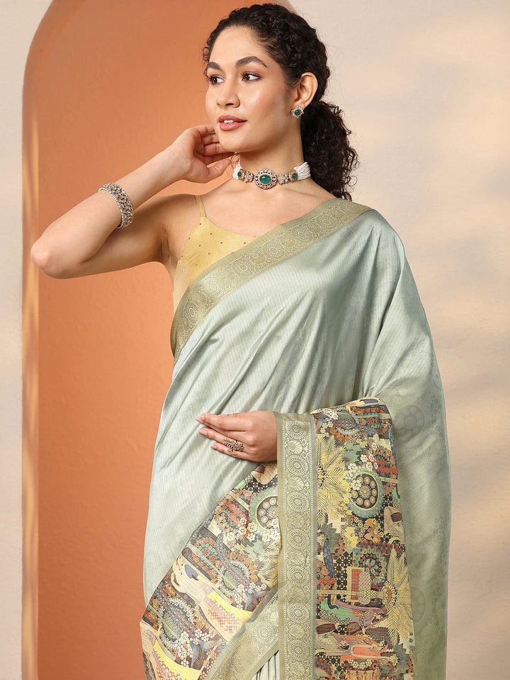 Sea Green Tribal Printed Silk Blend Saree With Unstitched Blouse Piece
